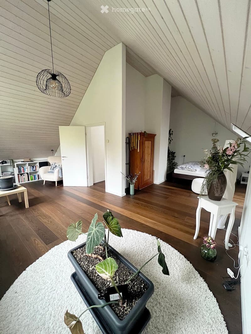 Bright, airy attic room with wooden floors, white walls, and slanted ceilings. Features a large potted plant, a white shag rug, a sofa, a small table, a bookshelf, and a bed visible in the background.