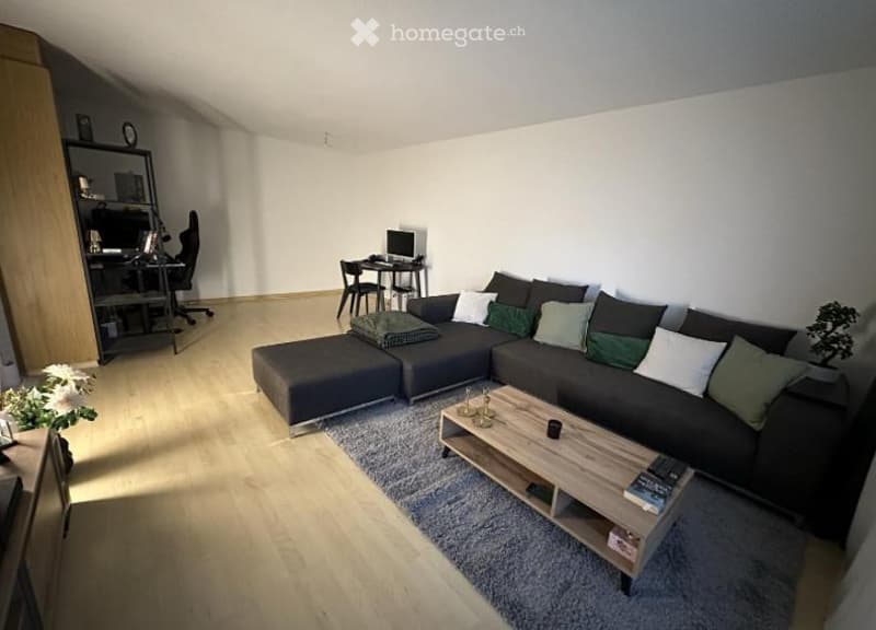 Modern living room with a grey sectional sofa, coffee table, desk with laptop, and a small plant. The room features light wooden flooring and white walls.