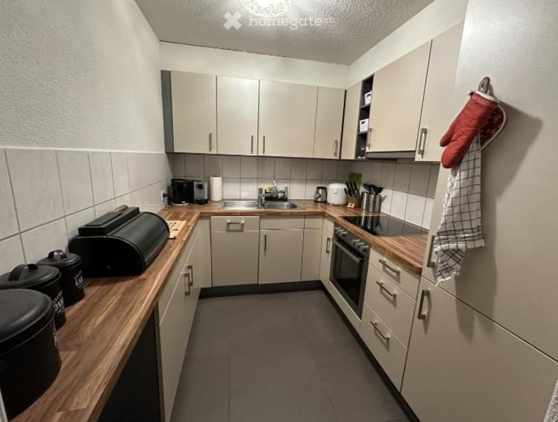 Modern kitchen with light grey cabinets, wooden countertops, and stainless steel appliances including an oven, sink, and fridge. A red oven mitt hangs on the wall.