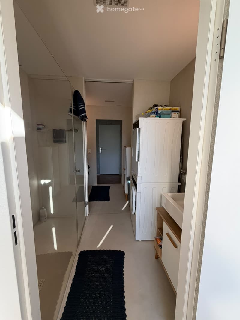 A narrow hallway with white walls, a glass shower enclosure on the left, a white cabinet with a sink on the right, and a black rug on the floor.