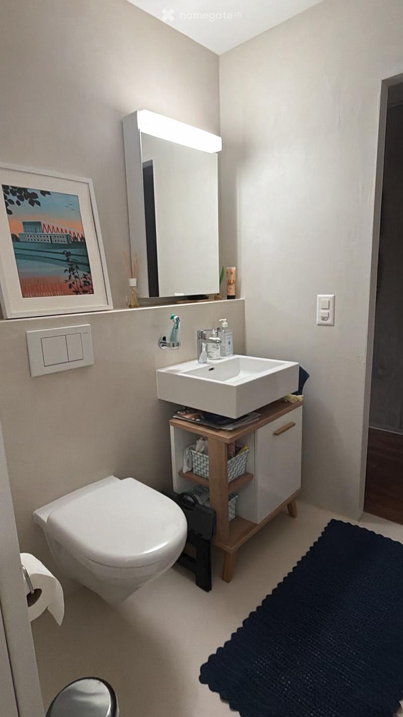 Modern bathroom with a white sink, mirror cabinet, toilet, and wooden storage cabinet. Includes a picture frame on the wall and a dark blue rug on the floor.