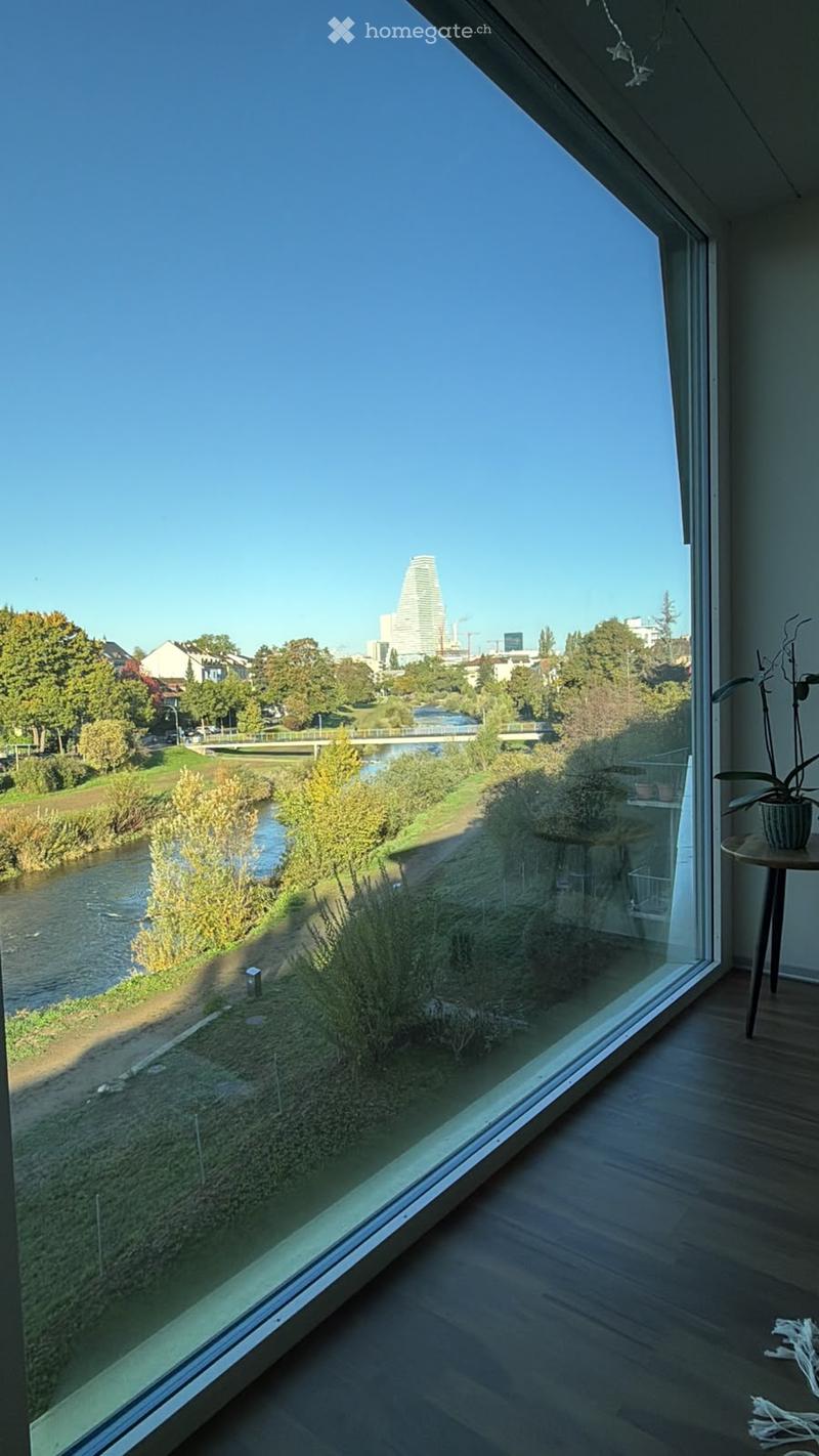 Balcony with large glass windows overlooking a river and cityscape, featuring a small table and potted plant.