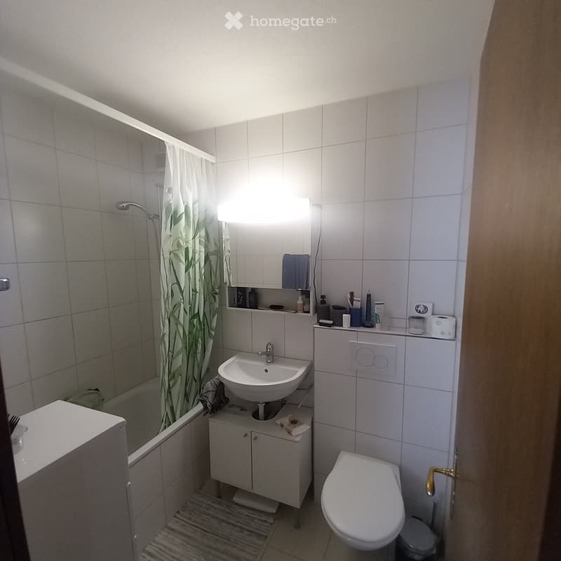 Modern bathroom with white tiles, a sink, toilet, mirror, and a shower area with a curtain. Includes a small cabinet and various toiletries on the counter.