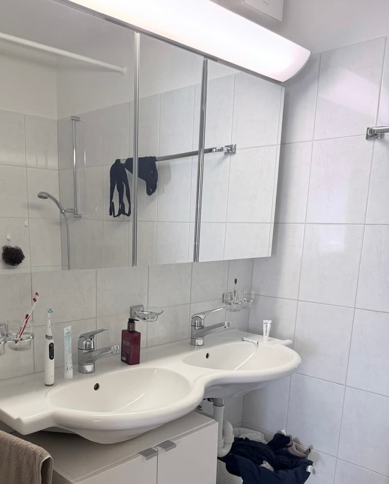 Modern bathroom with a double sink, mirrored cabinet, and various toiletries including toothbrushes, toothpaste, and a soap dispenser. The sink area is clean and organized with a towel on the counter.