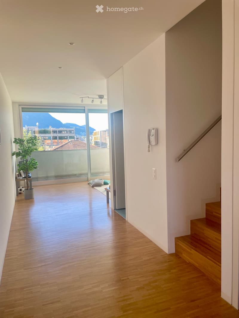 Bright, modern hallway with wooden flooring, a staircase, and a large glass door leading to a balcony with a view of mountains and cityscape. Includes a small table, potted plant, and cushions on the floor.