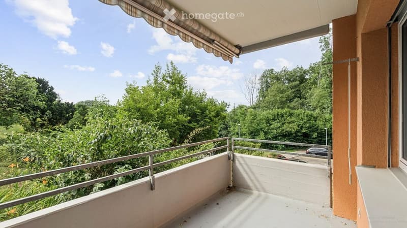 Balcony with metal railing, covered awning, and scenic view of greenery and a parking area.
