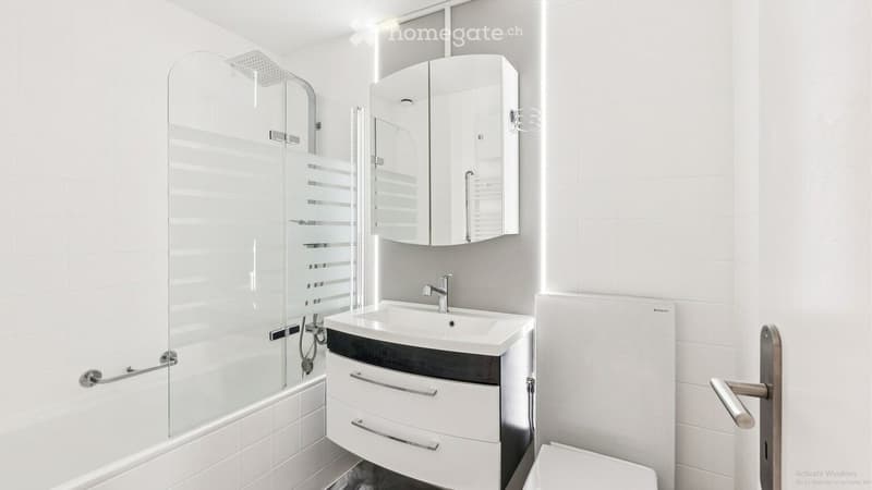 Modern bathroom with white tiles, a glass-enclosed shower, a sink with a mirrored cabinet, and a toilet.