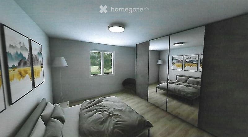 Modern bedroom with a large bed, mirrored wardrobe, floor lamp, and artwork on the walls. The room features light grey walls, wooden flooring, and large windows with a view of greenery.