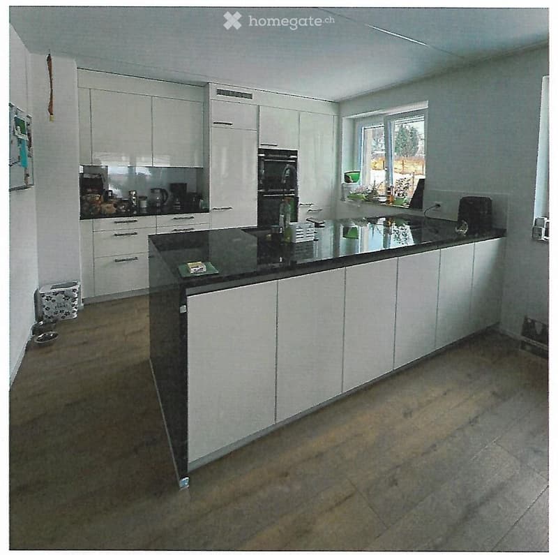 Modern kitchen with white cabinets, black countertop, and stainless steel appliances. Features a central island with sink and faucet, and a window overlooking the outdoor area.