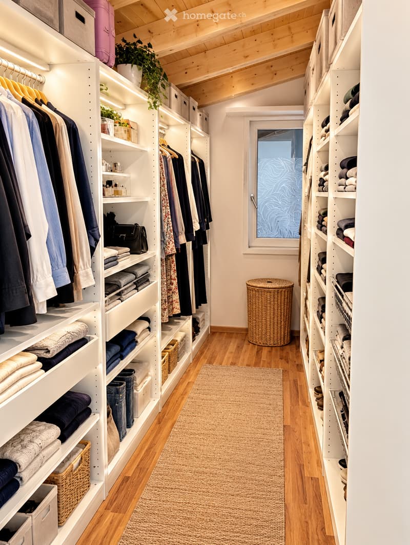 A well-organized walk-in closet with white built-in wardrobes and shelves, filled with neatly arranged clothing, folded towels, and accessories. A wicker basket and potted plant add a touch of warmth to the space.