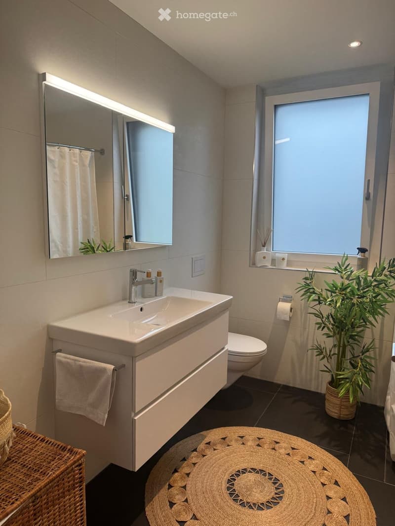 Modern bathroom with a white sink, chrome faucet, large mirror with built-in lighting, toilet, and a potted plant on the windowsill. The room features a dark tiled floor and a woven round rug.