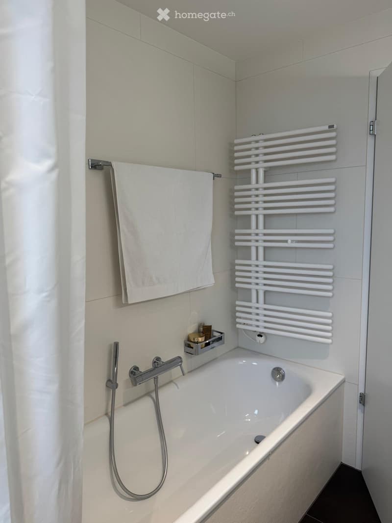 Modern bathroom with a bathtub, chrome faucet, towel on a rack, and a white radiator.