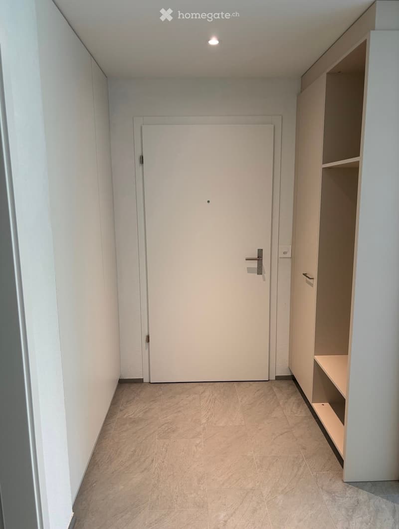 Modern hallway with beige tiled floor, white walls, built-in shelving unit, and a closed door.