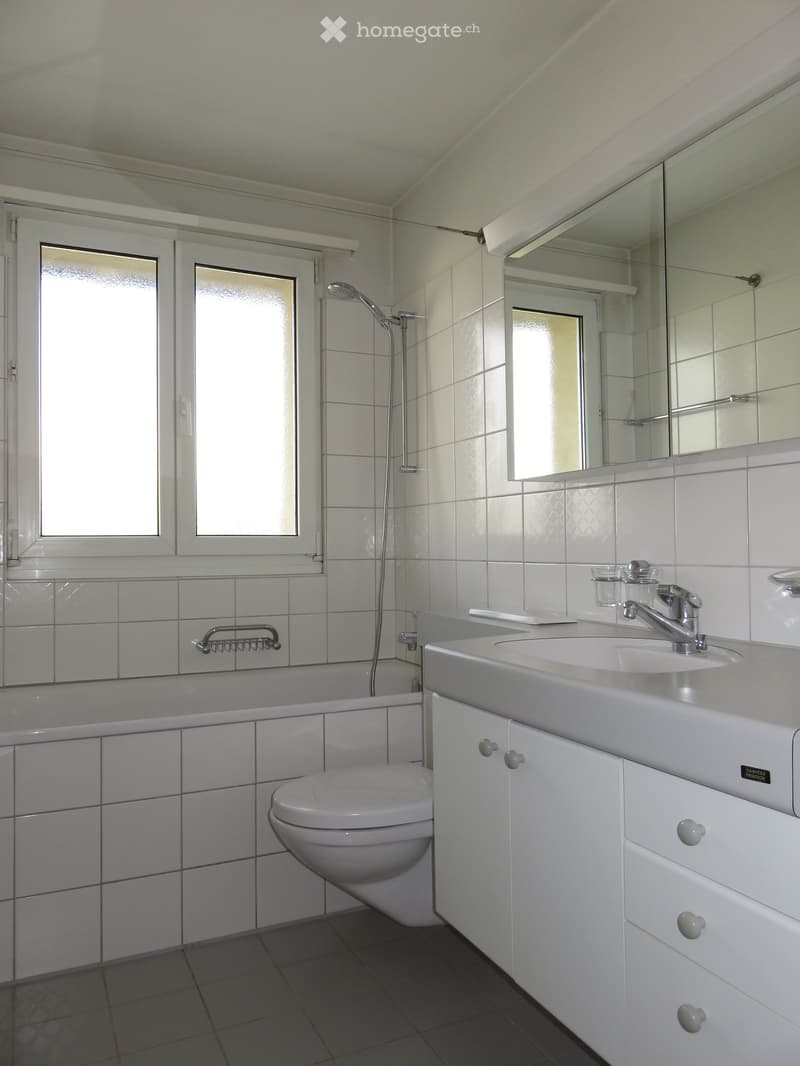 Modern bathroom with white tiles, a toilet, a sink with a faucet, a bathtub, a showerhead, and a large mirror above the sink.