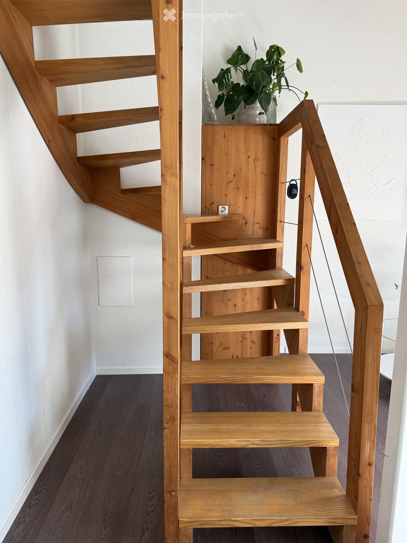 Wooden staircase with open wooden railings, dark wooden floor, white walls, small potted plant on landing, and a framed artwork on the wall.