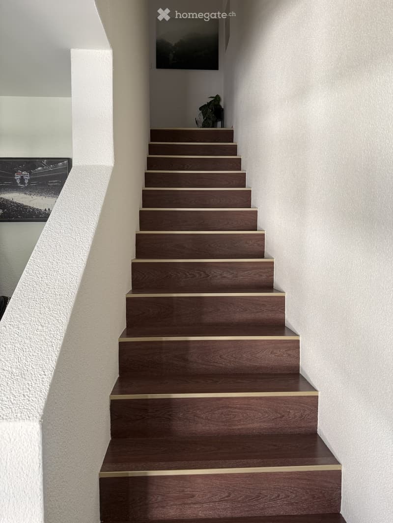 Wooden staircase with dark brown steps and gold trim, white walls, and two framed pictures on the walls.