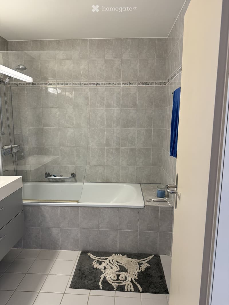 Modern bathroom with grey tiled walls, a bathtub, a sink, a showerhead, a towel, and a decorative rug on the floor.