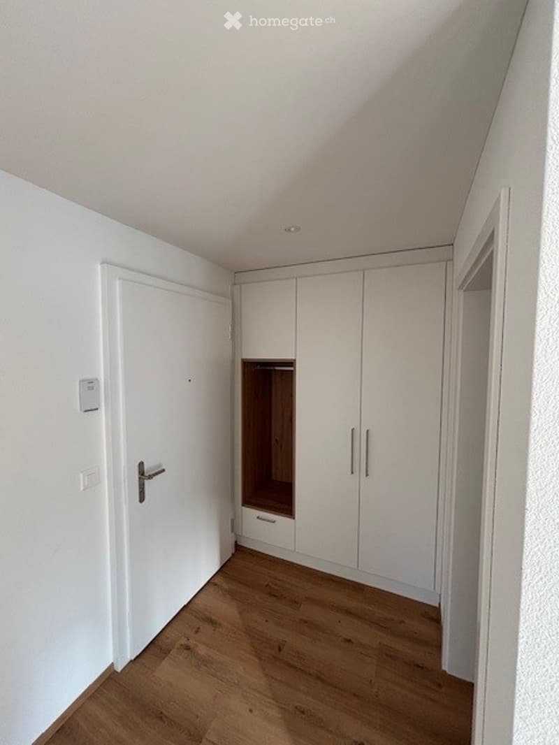 Empty room with white walls, wooden flooring, built-in white closet with mirrored doors, and a white door.