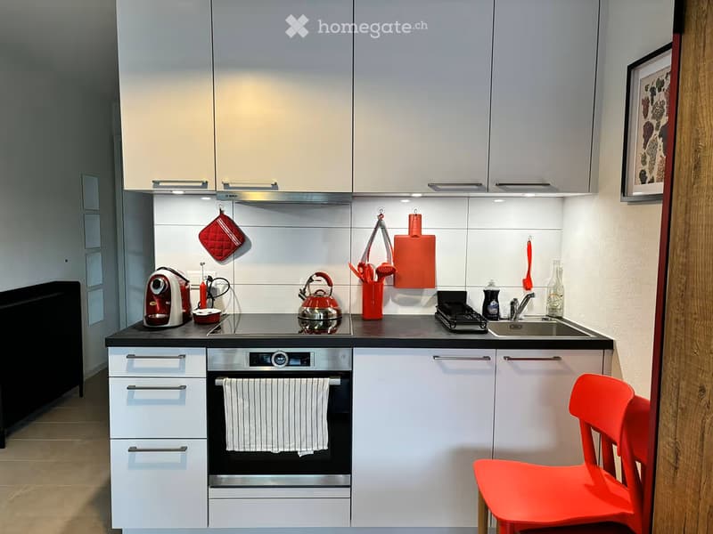 Modern kitchen with white cabinets, stainless steel appliances, and a red chair. Features include an oven, sink, faucet, and various kitchen utensils.