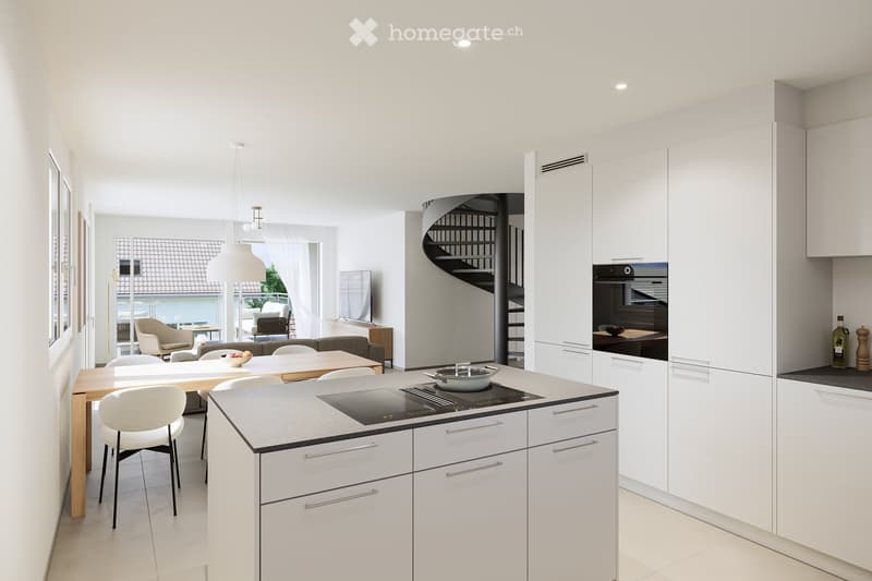 Modern kitchen with white cabinetry, island, induction cooktop, and dining area with chairs and table.