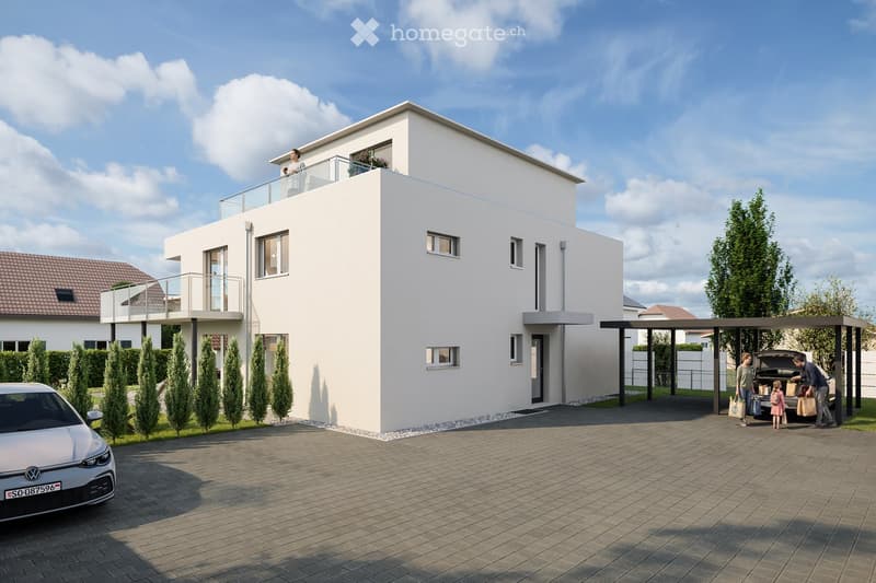 Modern two-story house with white exterior, multiple windows, and a balcony on the upper floor. A covered parking area is visible, and a family is unloading groceries from a car.