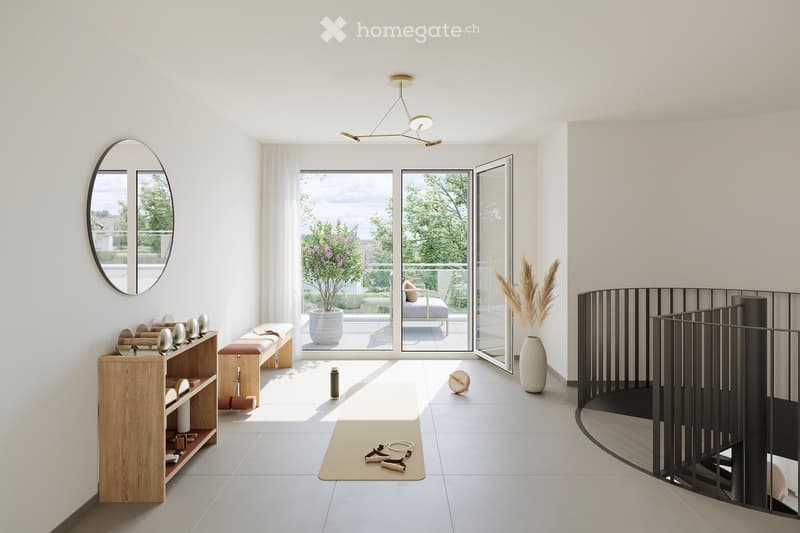 Modern, well-lit room with white walls and tiled flooring, featuring a wooden shelf with fitness equipment, a bench, a large mirror, a vase with dried plants, and a view of a garden through large glass doors.