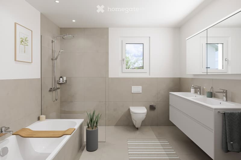 Modern bathroom with a bathtub, toilet, sink, mirror, shower, and a small plant on the floor. The space features a large window with a view of greenery outside.