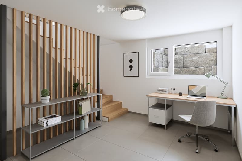 Modern, minimalist home office with a wooden desk, ergonomic chair, laptop, floor lamp, metal shelving unit with books and decorative items, and a small potted plant. The room features large windows and a sleek, contemporary design.