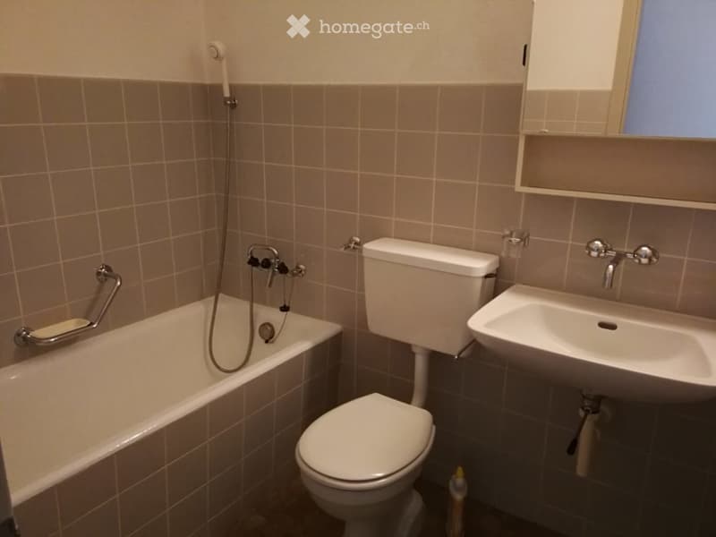 Bathroom with beige tiled walls, a bathtub with a handheld shower, a toilet, a sink with a faucet, and a mirror above the sink.