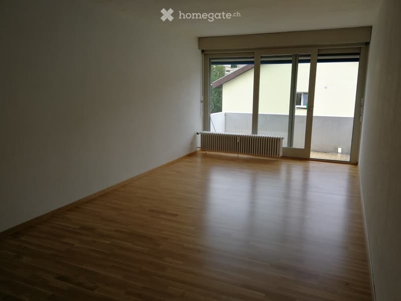 Empty room with wooden flooring, white walls, and a radiator near a large sliding glass door leading to a balcony.