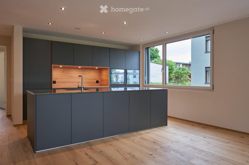 modern kitchen with island, granite countertop, built-in oven, sink, faucet, gray cabinets, large window