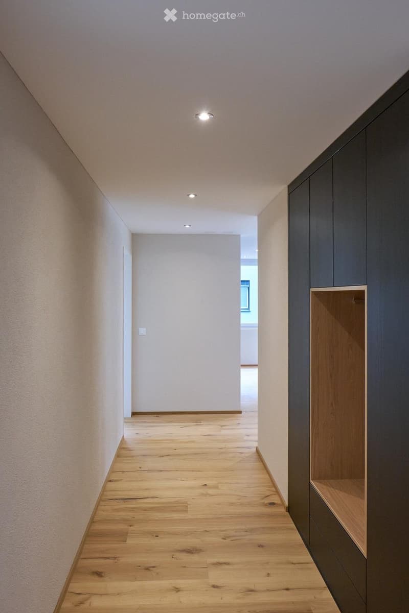 wooden floor, white walls, built-in wardrobes, ceiling lights