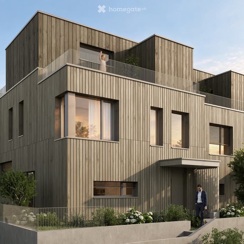 Modern multi-story building with wooden facade, large windows, and balconies.