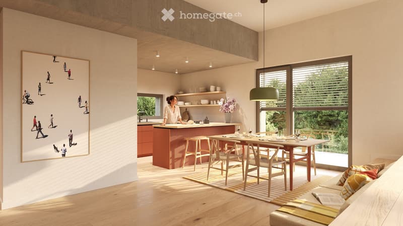 Open-plan living and dining area with a modern kitchen island, dining table, sofa, and large windows overlooking greenery.