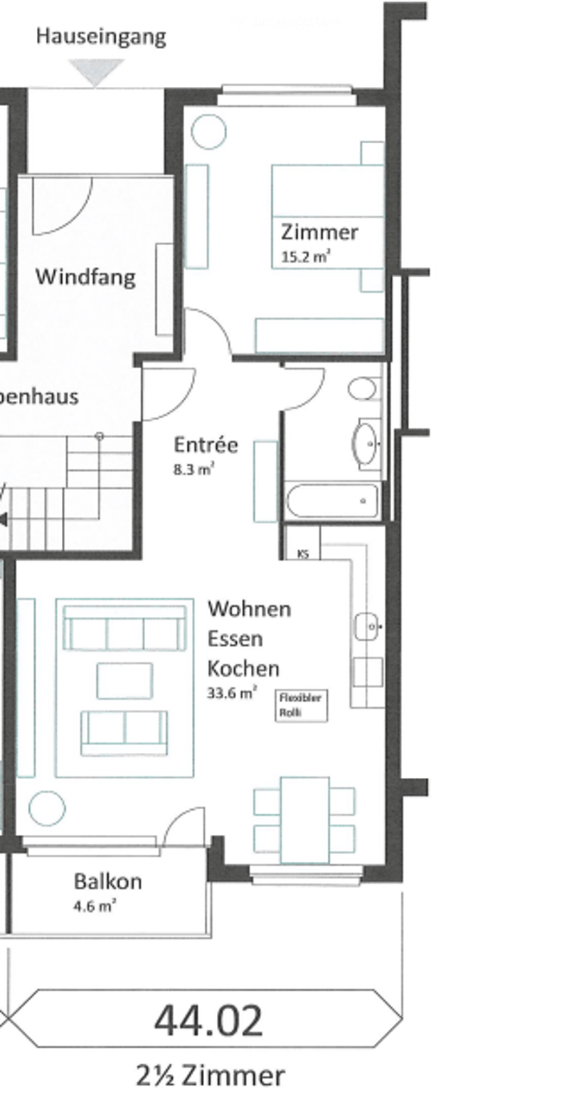 Floor plan of a 2.5-room apartment with living room, dining room, kitchen, bedroom, entrance, hallway, and balcony.
