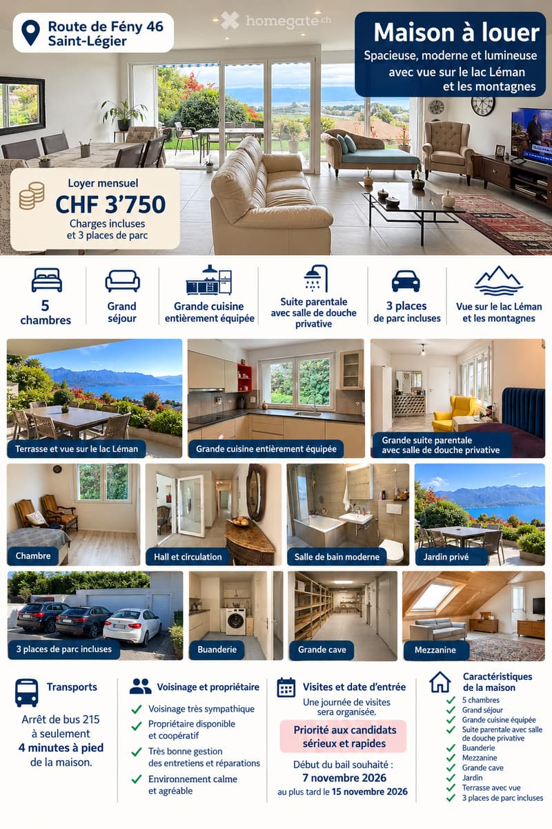Modern house with large living room, dining area, kitchen, 5 bedrooms, private parental suite, private garden, parking, and scenic lake and mountain views.
