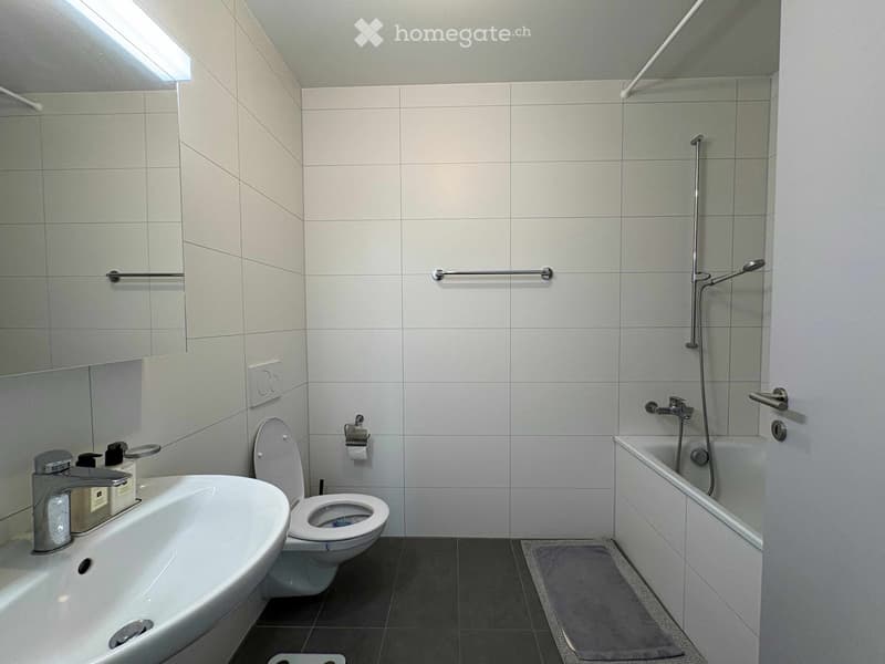 Modern bathroom with a bathtub, toilet, sink, and handrail. Features white tiles, a mirror, and a small rug in front of the bathtub.