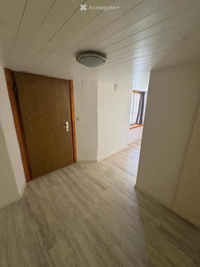 Empty hallway with wooden flooring, white walls, and a closed wooden door on the left. A ceiling light fixture is visible, and a window with curtains is seen at the end of the hallway.