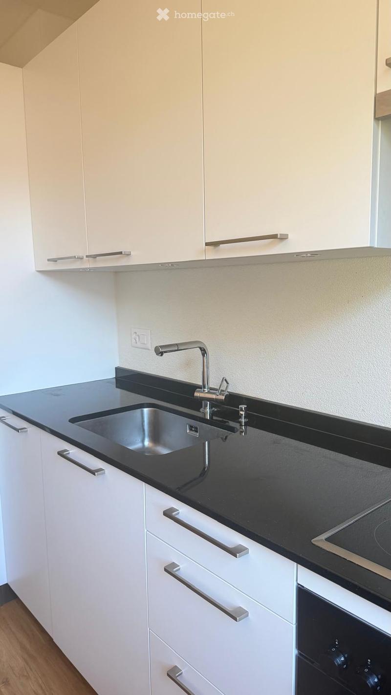 Modern kitchen with white cabinets, black countertops, stainless steel sink, and faucet.