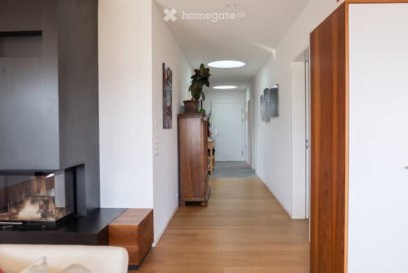 Modern hallway with wooden flooring, white walls, recessed lighting, and a small wooden cabinet with a potted plant on top. A fireplace is visible on the left side.