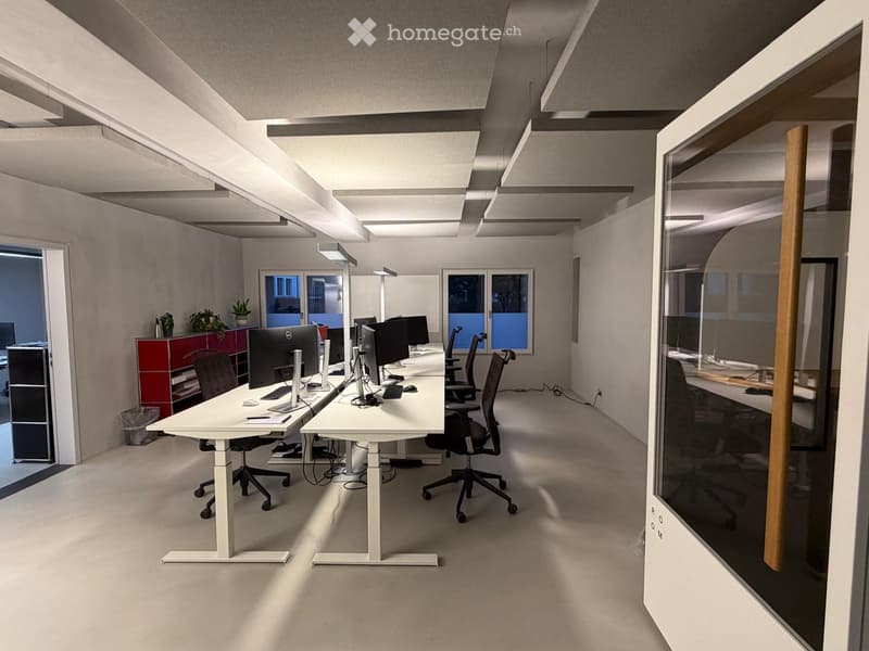 Modern office space with white desks, ergonomic chairs, multiple computer setups, and a red cabinet with plants on top.