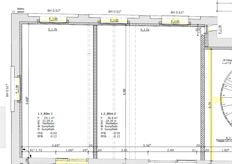 Floor plan showing two offices (Büro 1 and Büro 2), stairwell, entrance areas, and technical details including dimensions and floor levels.