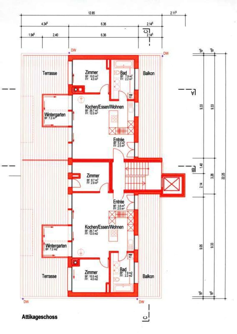 Floor plan of an attic level showing multiple rooms including bedrooms, bathrooms, kitchen/living/dining area, winter garden, and terraces.
