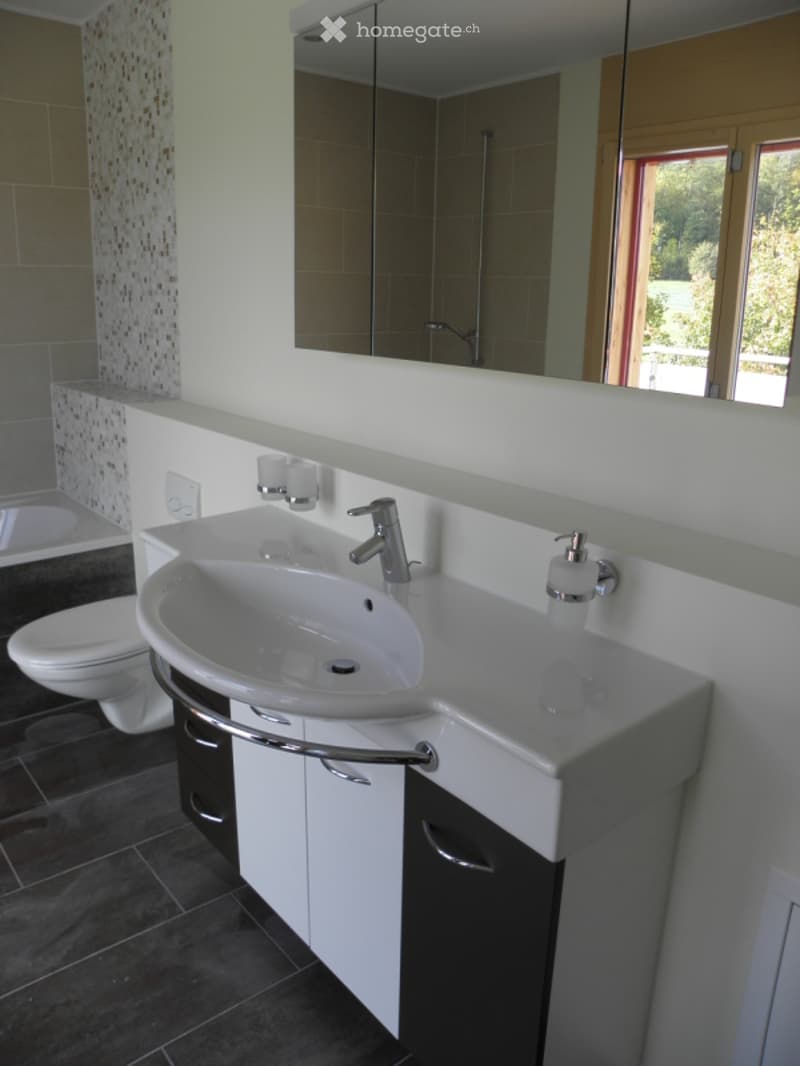 Modern bathroom with a white sink, chrome faucet, toilet, large mirror, and a soap dispenser on the counter. The floor is dark tiled, and the walls feature a mix of beige and white tiles.