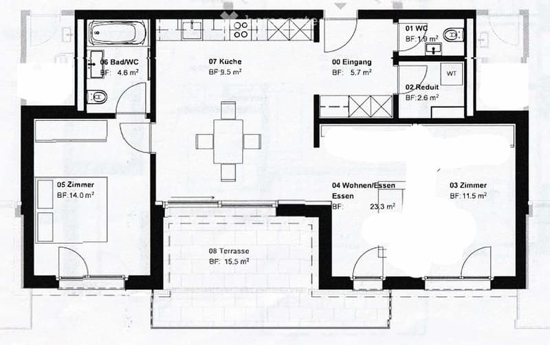 Floor plan showing a 2-bedroom apartment with a kitchen, living/dining area, bathroom, and terrace.