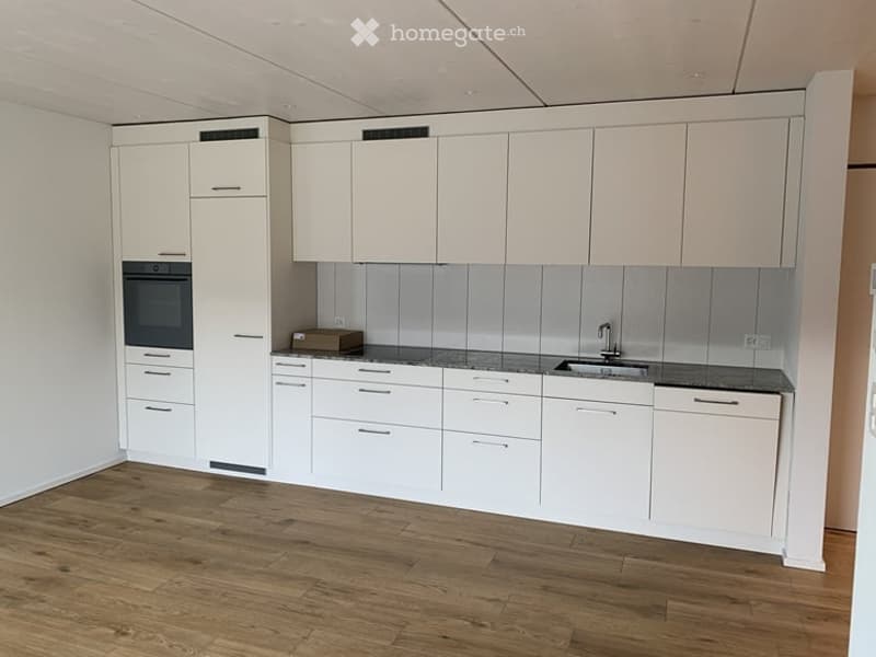 Empty kitchen with white cabinets, a sink, and a wooden floor. No furniture or appliances are present.