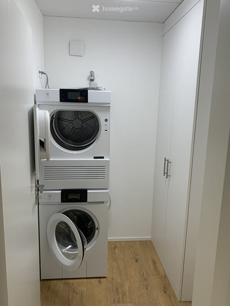 A compact, modern laundry room with a stacked washer and dryer unit, white cabinetry, and wooden flooring.