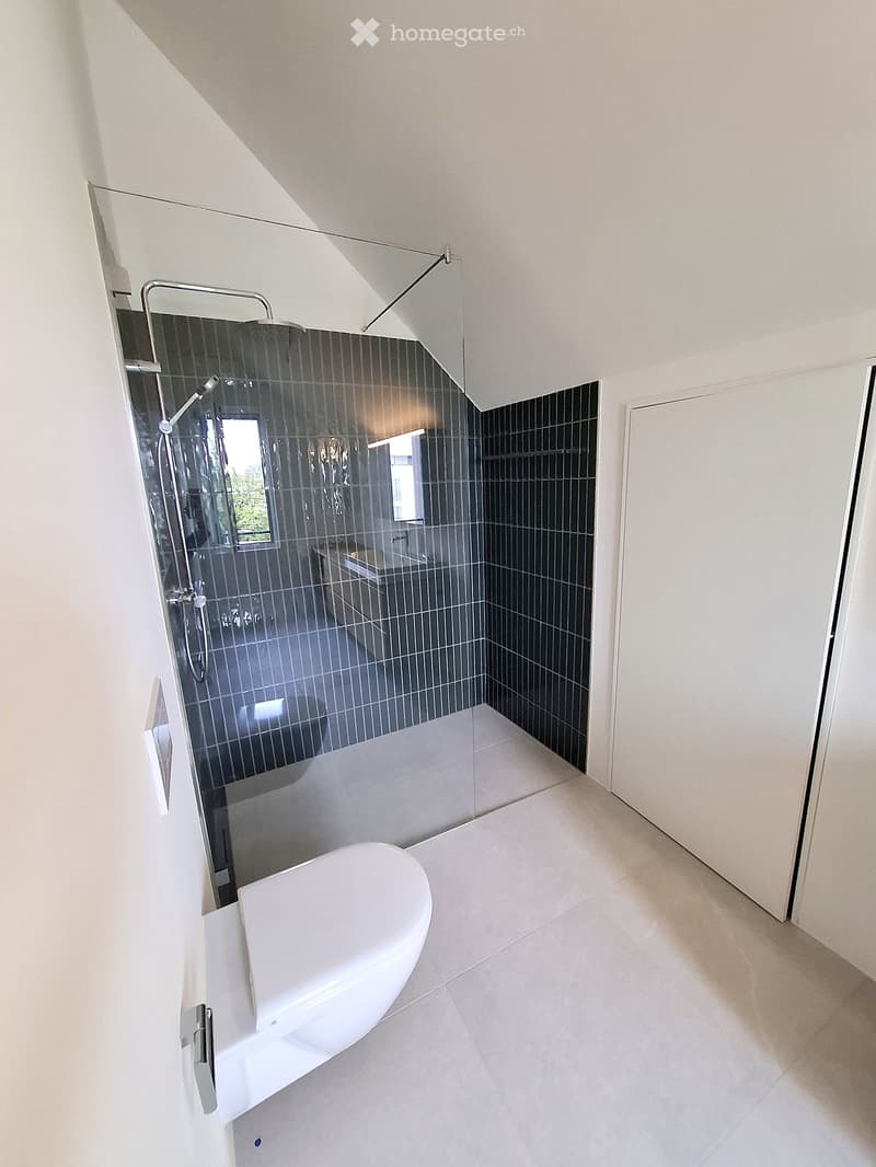Modern bathroom with a white bathtub, glass shower enclosure, and dark tiled walls.