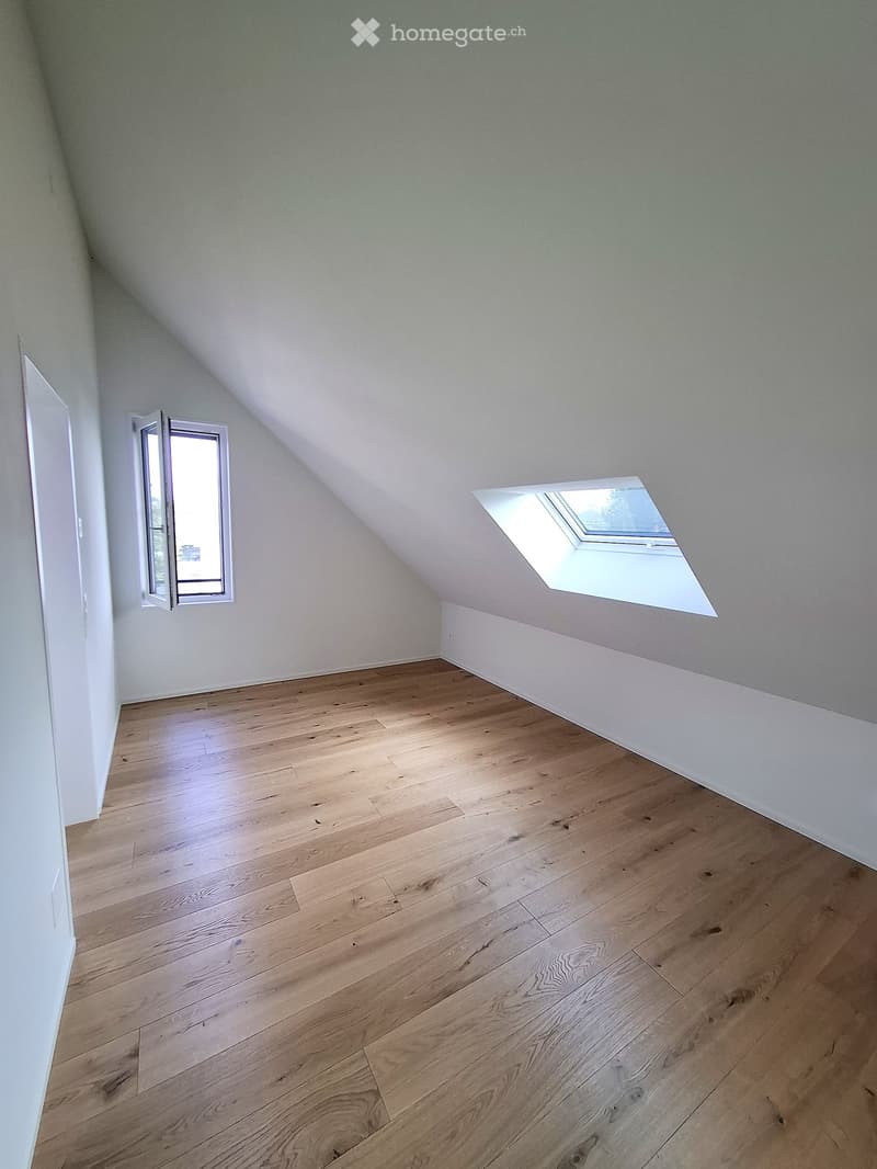 Empty attic room with wooden flooring, white walls, and a skylight window. Features a small window with an open door leading outside.