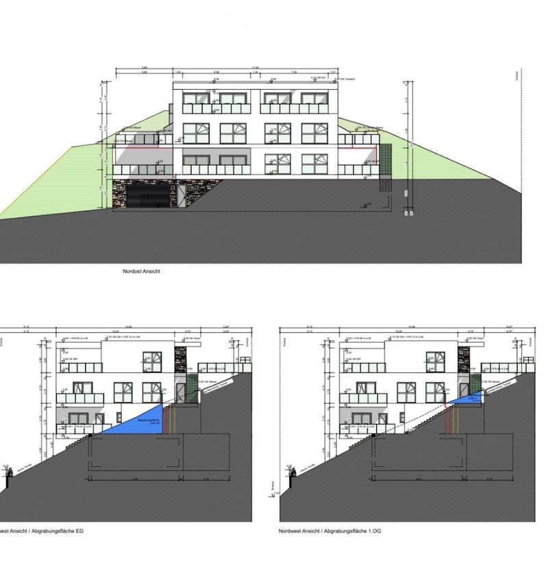 Architectural floor plan showing multiple levels of a building with labeled rooms, dimensions, and structural details. Includes views from different angles and elevations.